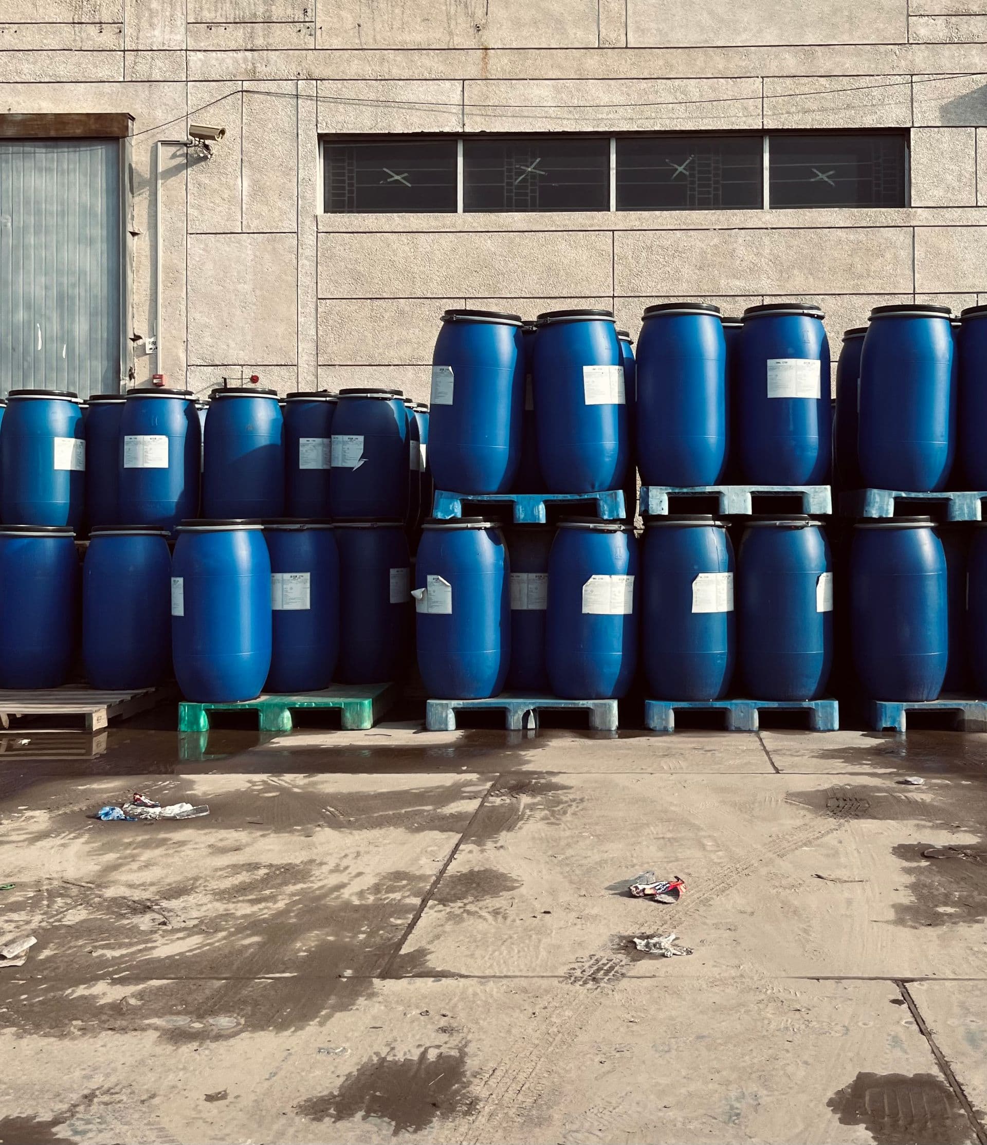 Blue HDPE drums of PVA emulsion in TAFAUL warehouse